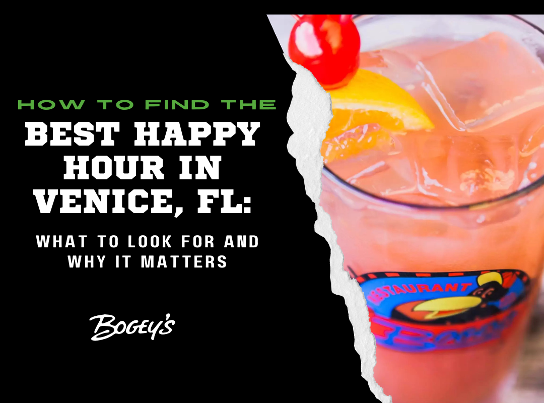 Bogey's signature cocktail in a branded glass with orange slice and cherry garnish — featured in the best happy hour in Venice, FL at Bogey's Sports Pub