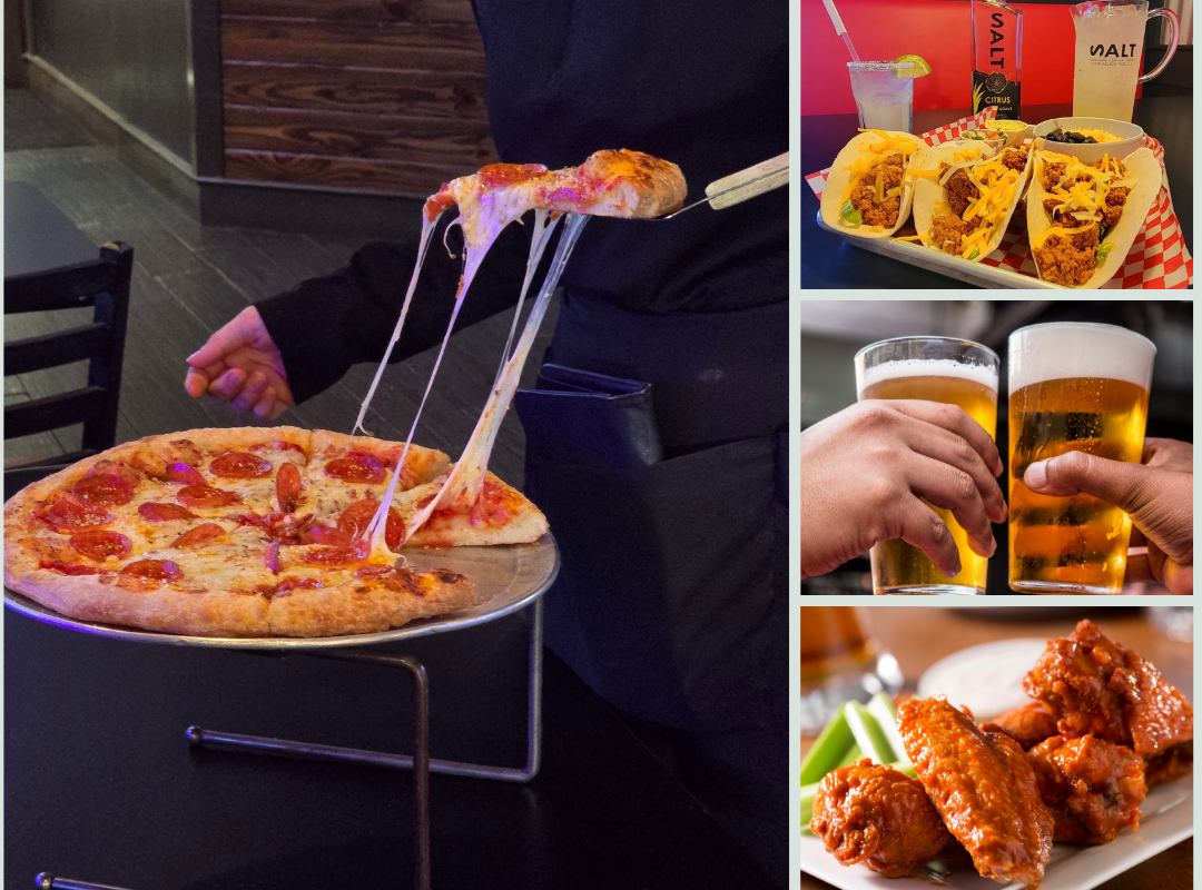 Collage of food and drinks at Bogey's Sports Pub in Venice, FL — New York-style pepperoni pizza, seasoned tacos with margaritas, cold draft beers, and sauced chicken wings
