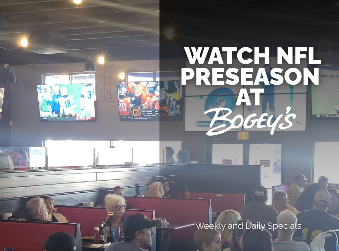 Packed dining room with multiple HD screens showing NFL preseason games at Bogey's Sports Pub in Venice, FL, the best sports bar for watching football
