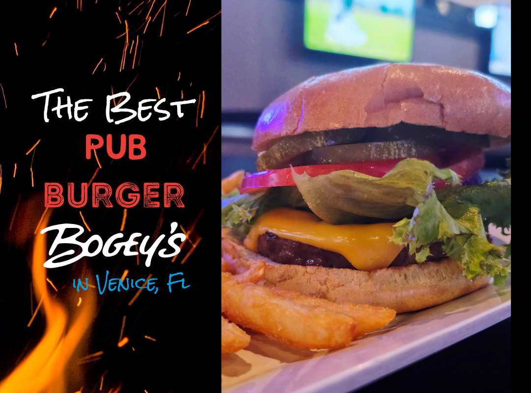 Half-pound cheeseburger with fresh lettuce, tomato, pickle, and onion served with crinkle fries at Bogey's Sports Pub, the best pub burger in Venice, FL